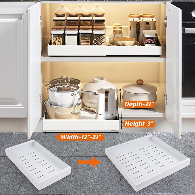 Ancaixin Pull Out Cabinet Organizer, 2PC 21" Deep Expandable (12"-21") Pull Out Drawers for Cabinets with Adhesive, Slide Out Drawers Roll Out Shelf for Kitchen, Bathroom, Under Sink Storage(White)