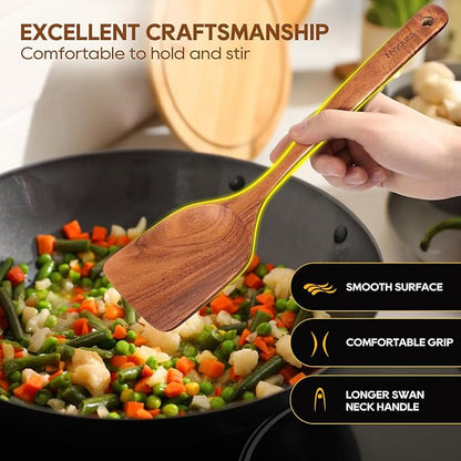 Wooden Spoons for Cooking, 6PCS Teak Wood Cookware Utensil Set with Hooks - Smooth Finish, Non-Stick, Comfortable Grip, Heat Resistant Kitchen Utensils