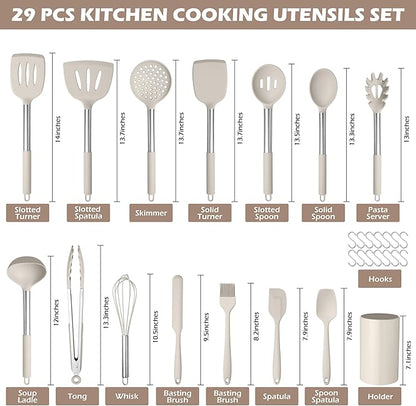 HaWare 29 PCS Silicone Cooking Utensils Set, Heat Resistant Kitchen Utensils Set with Stainless Steel Handle, Spatula Sets with Holder and Hooks, Kitchen Tools Gadgets for Nonstick Cookware -Khaki