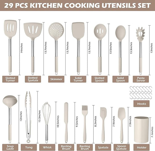 HaWare 29 PCS Silicone Cooking Utensils Set, Heat Resistant Kitchen Utensils Set with Stainless Steel Handle, Spatula Sets with Holder and Hooks, Kitchen Tools Gadgets for Nonstick Cookware -Khaki