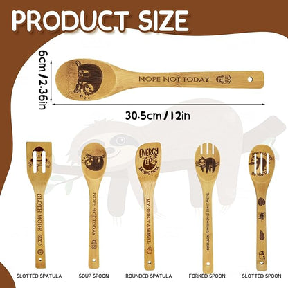 Sloth Gifts for Women - 6PCS Unique Print Bamboo Spoons Set With Keychain, Kitchen Decor for Mom, Best Friend