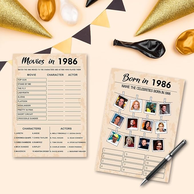 QUPT 40th Birthday Party Games, Born in 1986 Games Bundle, Set of 5 Activities for 10 Guests, Birthday Party Supplies for Adults, Pack of 50 Cards