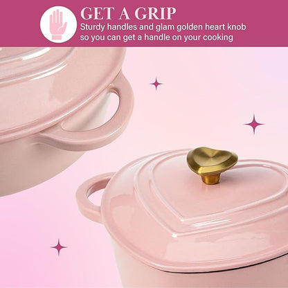 Paris Hilton Enameled Cast Iron Dutch Oven Pot with Lid, Heart-Shaped Dutch Oven, Durable Cast Iron Pot with Dual Handles, Oven Safe to 500°F, Works on All Stovetops, 4-Quart, Pink