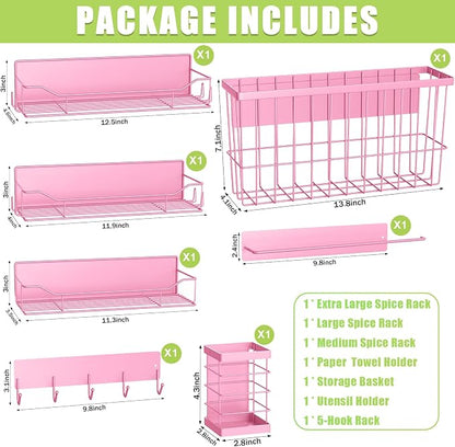 Magnetic Spice Rack for Refrigerator, 7 Pack Magnetic Fridge Shelf for Kitchen Organization Storage, Moveable Spice Organizer W/Paper Towel Holder, Utensil Caddy, Cutting Board Rack (Pink)