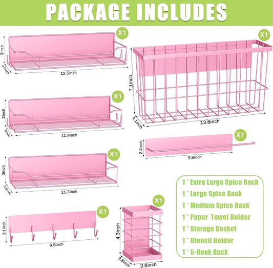 Magnetic Spice Rack for Refrigerator, 7 Pack Magnetic Fridge Shelf for Kitchen Organization Storage, Moveable Spice Organizer W/Paper Towel Holder, Utensil Caddy, Cutting Board Rack (Pink)