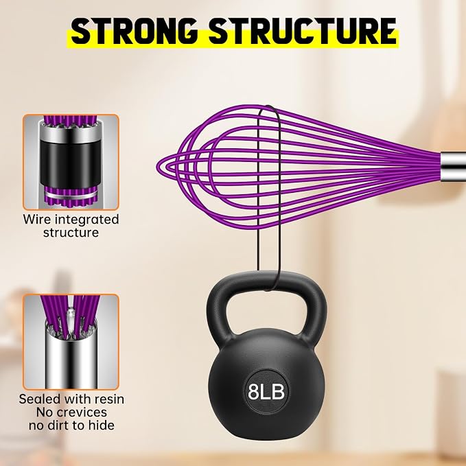 HOTEC 4 Pieces Silicone Whisks Set, Wire Balloon Whisks for cooking Egg Beater, Non-slip Handle Whisk for Non-stick Cookware Perfect for Cooking, Stirring, Beating and Blending,Purple