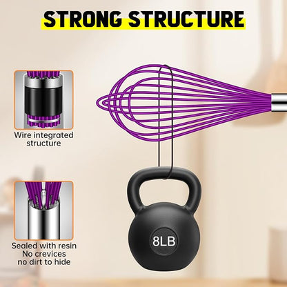 HOTEC 4 Pieces Silicone Whisks Set, Wire Balloon Whisks for cooking Egg Beater, Non-slip Handle Whisk for Non-stick Cookware Perfect for Cooking, Stirring, Beating and Blending,Purple