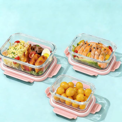 Glass Food Storage Containers with Lids, Airtight Meal Prep Containers, 4 Pack Set with Multiple Sizes (Pink)