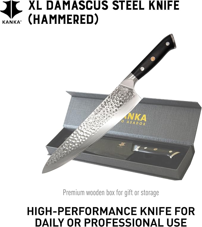 KANKA 10-inch 67 Layers Damascus Steel Profesional Chef Knife - Extra Long, G10 Black Fiberglass Handle, Razor Sharp Knife. Wood Sheath Included