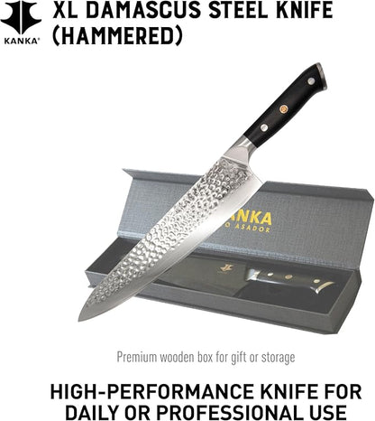 KANKA 10-inch 67 Layers Damascus Steel Profesional Chef Knife - Extra Long, G10 Black Fiberglass Handle, Razor Sharp Knife. Wood Sheath Included