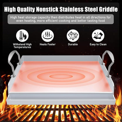 Nonstick Stainless Steel Griddle for Gas Grill Nanoceramic Griddle for Gas Top Stove 17" x 13" Flat Top Plate Cooking Skillet Pan Teppanyaki for Camping Outdoor Tailgating Plancha Para Cocinar