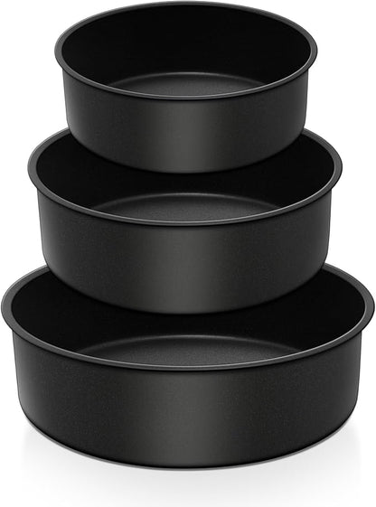E-far Deep Cake Pan Set of 3 (6/8/9½ Inch), Nonstick Stainless Steel Round Cake Pans Tins for Baking Layer Wedding Cakes, Stainless Steel Core & Nontoxic Coating, Deep & Straight Side