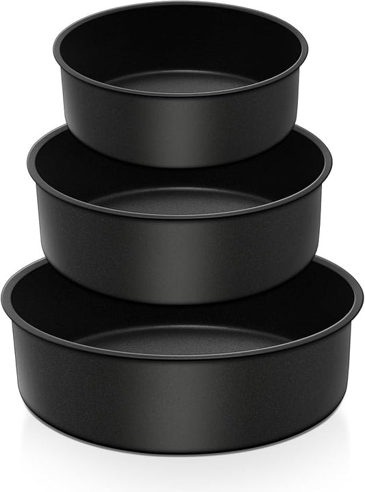 E-far Deep Cake Pan Set of 3 (6/8/9½ Inch), Nonstick Stainless Steel Round Cake Pans Tins for Baking Layer Wedding Cakes, Stainless Steel Core & Nontoxic Coating, Deep & Straight Side