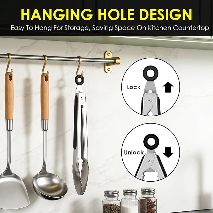Metal Tongs for Cooking, Heat Resistant 600 Degrees Stainless Steel Kitchen Tongs with Silicone Handle, Locking Tongs for BBQ, Grilling, Serving, Salad, Dishwasher, Set of 3(7", 9" and 12")