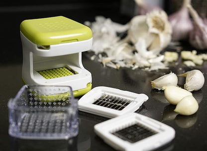 RSVP International Garlic Clove Cube Press Tool, Green/White | BPA-Free Plastic with Stainless Steel Blades | Minces & Slices | Chop, Crush, or Dice Garlic & Herbs | Dishwasher Safe