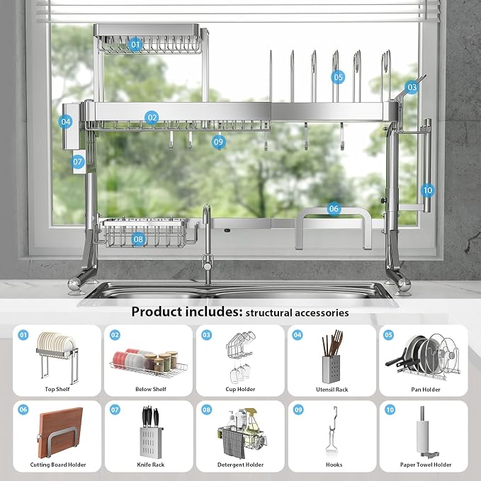Over Sink Dish Drying Rack, Upgrade 2.5-Tier 304 Stainless Steel Dish Rack Adjustable Length with Pots and Pans Rack, Modern Over The Sink Dish Drainer Rack for Kitchen Storage Counter Organizer