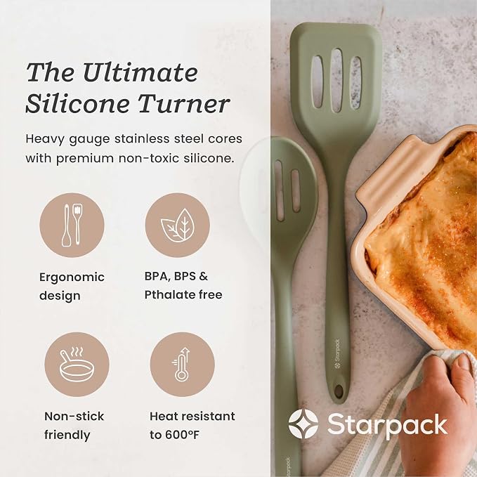 Starpack 'Head Turner' Premium Silicone Turner Spatula, Slotted Spatula - Up-to 600°F High Heat Resistant Silicone Slotted Spatulas for Cooking, LFGB Grade Non Stick Rubber Turner Spatula - 11.4"