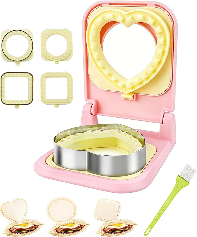 3-in-1 Uncrustable Sandwich Maker - Heart/Circle/Square Crustless Sandwich Cutter & Sealer for Kids' Lunch, Breakfast & Lunchboxes | BPA-Free Uncrustable Press, Easy Clean (3-Shape Pink)