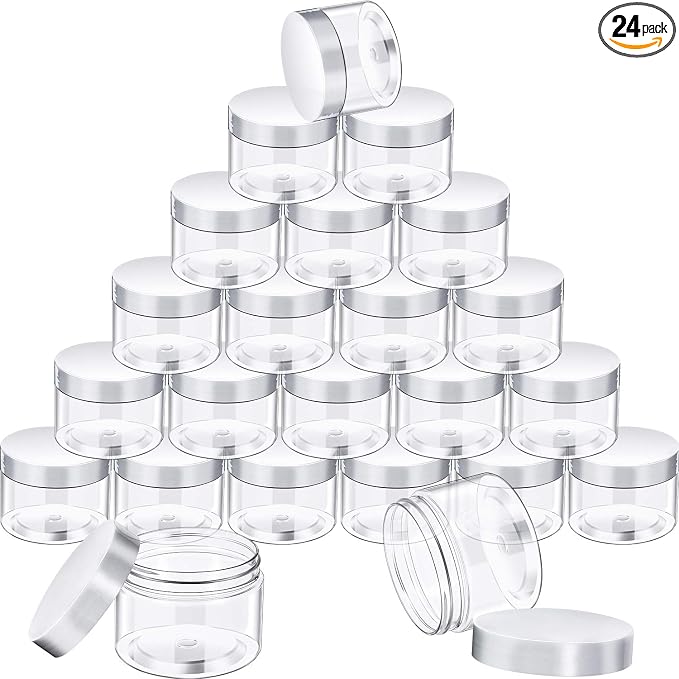 SATINIOR 24 Pieces Empty Clear Plastic Jars with Lids Round Storage Containers Wide-Mouth for Beauty Product Cosmetic Cream Lotion Liquid Butter Craft and Food (White Lid, 6 oz)