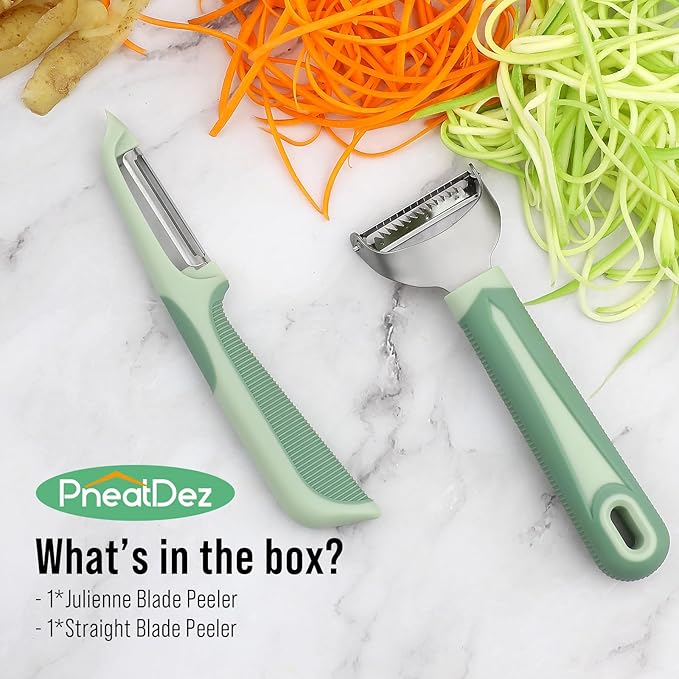 Julienne Peeler Vegetable Peeler -Y Carrot Shredder Julienne Slicer with 4.8'' Long Silicone Handle -Potato Peeler Swivel Peeler for Kitchen, Set of 2 Green