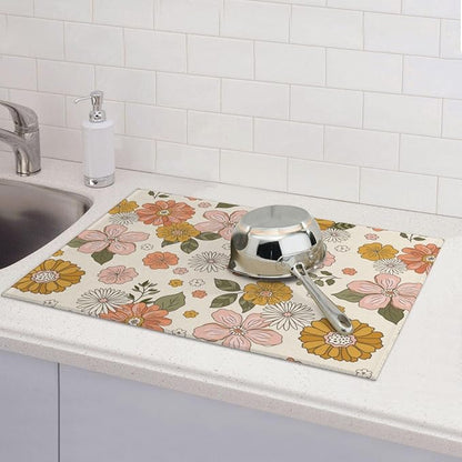 Absorbent Dish Drying Mat For Kitchen Counter, Pink Flowers Microfiber Dish Drying Pad, Kitchen Gadgets For Easy Clean Multi-Use