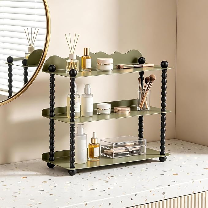 3-Tier Kitchen Countertop Organizer, Vintage Metal Spice Rack, Multi-Purpose Bathroom Counter Organizer, Rustic Countertop Storage Shelf for Mug, Cosmetics, Coffee Station and Vanity Decor
