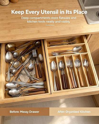 Expandable Bamboo Silverware Drawer Organizer – Adjustable 21" Wide Wooden Utensil Tray with 9-Compartments, Large Kitchen Flatware & Spoon Holder, Natural Solid Wood for Drawers