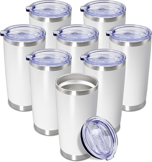 20 oz Tumbler Coffee Travel Tumblers Bulk with Lid Stainless Steel Double Wall Vacuum Insulated Mug Powder Coated Cups fit Car Cupholder for Hot and Cold - White, 8Pack