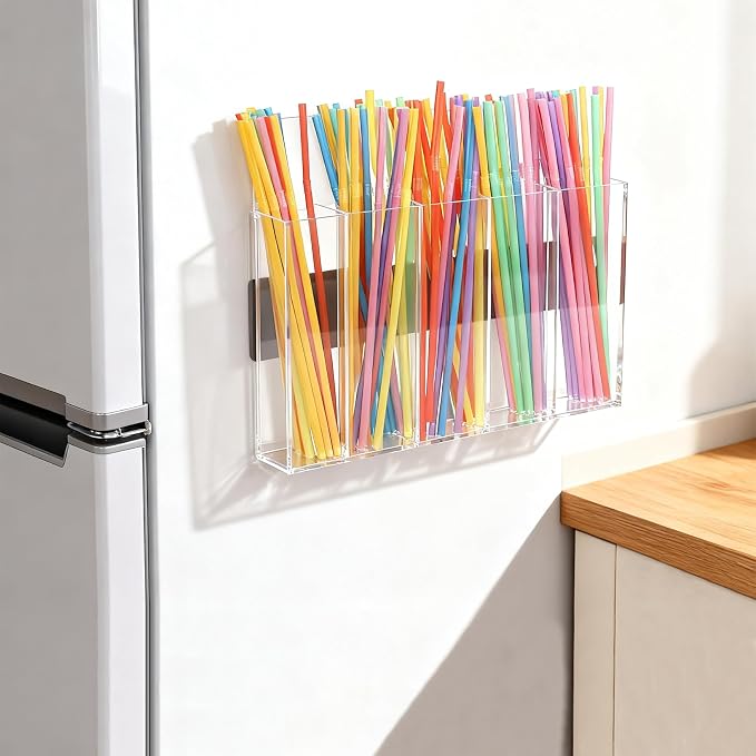 Acrylic Straw Holder for Cabinet Door, Magnetic Cabinet Door Straw Door with Removable Partitions Clear Reusable Straw Organizer Storage for Fridge Cabinet Kitchen Bar