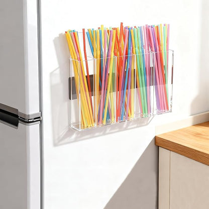 Acrylic Straw Holder for Cabinet Door, Magnetic Cabinet Door Straw Door with Removable Partitions Clear Reusable Straw Organizer Storage for Fridge Cabinet Kitchen Bar