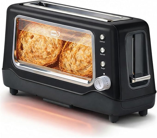 Dash Clear View Toaster, 10.5" Long Slot 2 Slice Toaster with See-Through Glass Window, 7 Browning Levels, Bagel, Defrost & Reheat Functions, Removable Glass Panel, Crumb Tray - Black