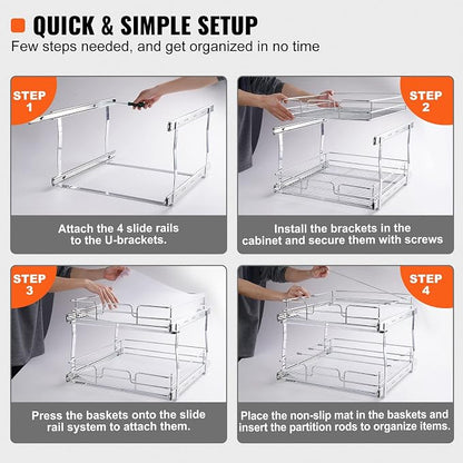 VEVOR 2 Tier 17"Wx21.2"Dx15.2"H Pull Out Cabinet Organizer, Heavy Duty Slide Out Pantry Shelves, Steel Roll Out Drawers, Sliding Drawer Storage for Home, 18.5"Wx22.5"Dx19"H Install Size for Cabinet