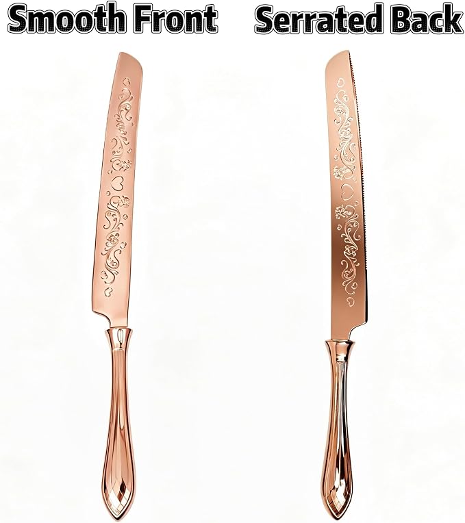 KSENDALO Elegant Wedding Cake Knife and Server Set with Hollow Handle, Rose Gold Serrated Knife Cake Cutting Set, 18/8 Stainless Steel Pie Server for Weddings, Birthdays & Anniversary,13.78inch Long