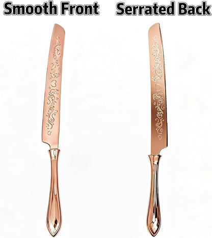 KSENDALO Elegant Wedding Cake Knife and Server Set with Hollow Handle, Rose Gold Serrated Knife Cake Cutting Set, 18/8 Stainless Steel Pie Server for Weddings, Birthdays & Anniversary,13.78inch Long