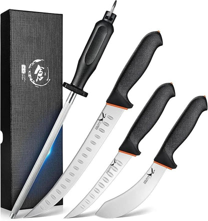 Golden Bird Butcher Knife Set - 4 Piece Professional BBQ Knife Set Include 6" Boning, 6" Skinning, 10" Butcher Breaking Knives & 8" Sharpener Rod, Gifts for Men Women