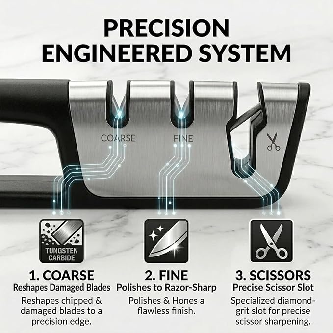 Premium 3-in-1 Knife and Scissors Sharpener, Professional Manual Kitchen Blade Sharpening Tool with Tungsten Ceramic Diamond Abrasives, Ergonomic Handle, Black