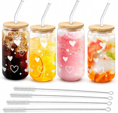 Glass Cups with Lids and Straws with Heart Design, 4 Pack 16 oz Cute Glass Iced Coffee Cups for Friends, Couples, Tea and Juice