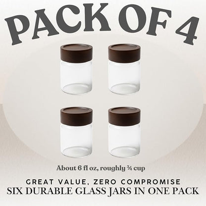 Wide Mouth Glass Storage Jars With 2.5" Acacia Wood Lids - 4 Pack of 6 Oz Food Storage Containers - Borosilicate Glass Canisters Sets For Kitchen - Pantry Organizers and Storage for Rice Coffee Beans