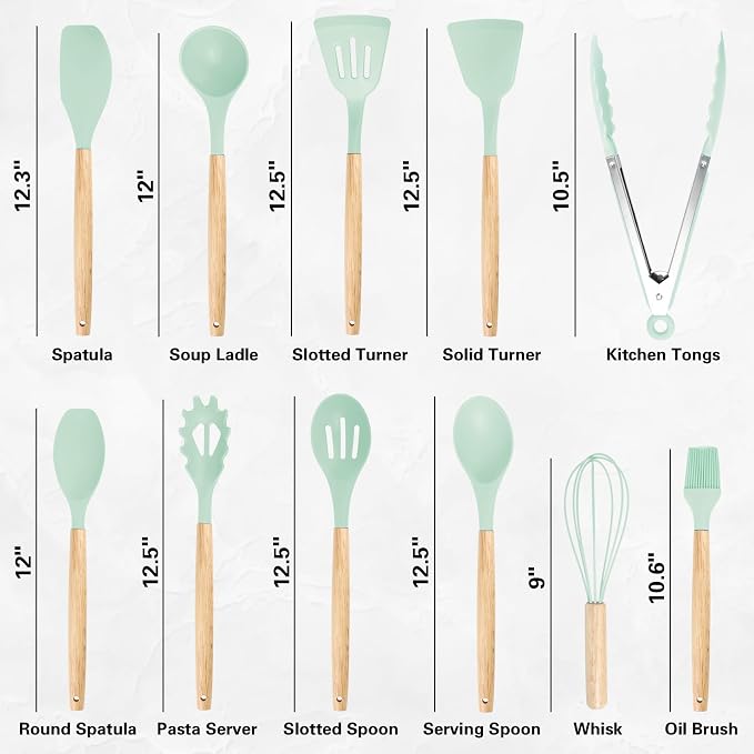 19 PCS Kitchen Cooking Utensils Set, 11 Pieces Silicone Cooking Utensils Set 6 Pieces Sharp Stainless Steel Green Knife Set with 1 Piece Cutting Board, Ideal for Apartment