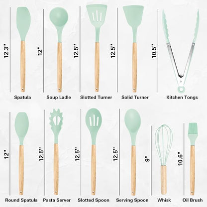 19 PCS Kitchen Cooking Utensils Set, 11 Pieces Silicone Cooking Utensils Set 6 Pieces Sharp Stainless Steel Green Knife Set with 1 Piece Cutting Board, Ideal for Apartment