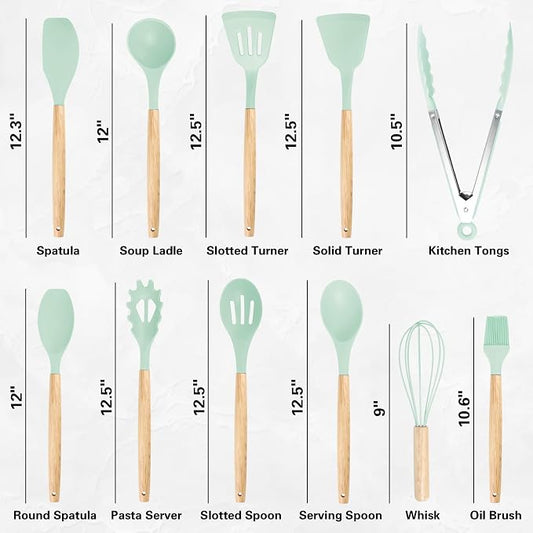 19 PCS Kitchen Cooking Utensils Set, 11 Pieces Silicone Cooking Utensils Set 6 Pieces Sharp Stainless Steel Green Knife Set with 1 Piece Cutting Board, Ideal for Apartment