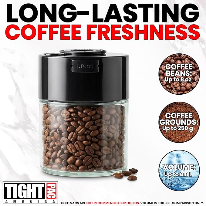 COFFEEVAC Pump It Out Airtight Coffee Container – Vacuum Storage Container for Ground Coffee Beans – Patented Vacuum Seal with Degassing Valve, 1/2 lb, Black/Clear