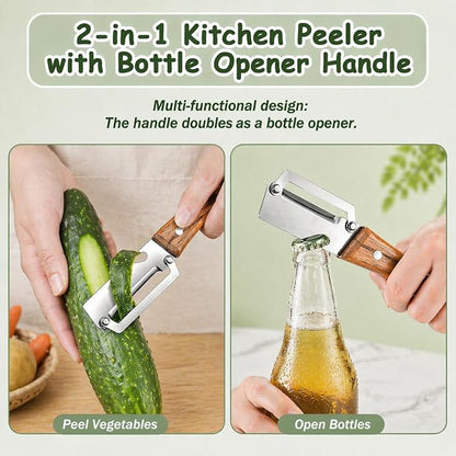 2-Pack Vegetable Peeler with Bottle Opener, Stainless Steel Kitchen Peeler with Wooden Handle, Easy Peeling Tool for Potatoes, Fruits & Vegetables