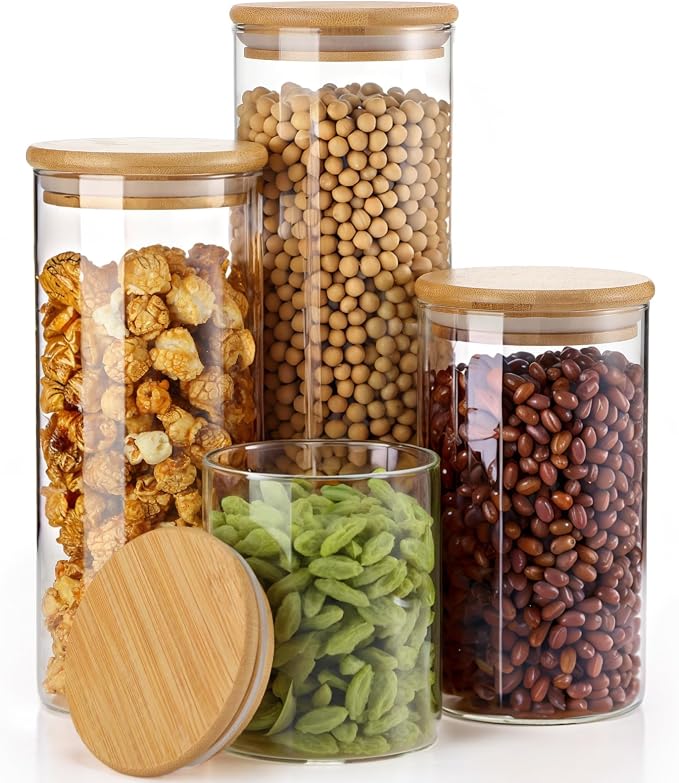Qinyoung Glass Storage Jars with Wooden Lids, 4 Sizes Food Storage Containers Clear Stackable Canisters Airtight Glass Jars for Candy Cookie (Clear, Light Brown, 23oz 34oz 47oz 58oz, 24 Pcs)
