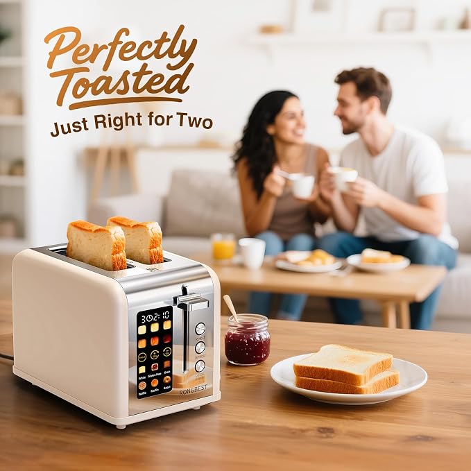 2 Slice Touch Screen Toaster Stainless Steel Wide Slots with Digital Touchscreen, Reheat & Defrost, Even Toasting for Family Breakfast Bagel & Bread, Easy Removable Crumb Tray, Cream Color