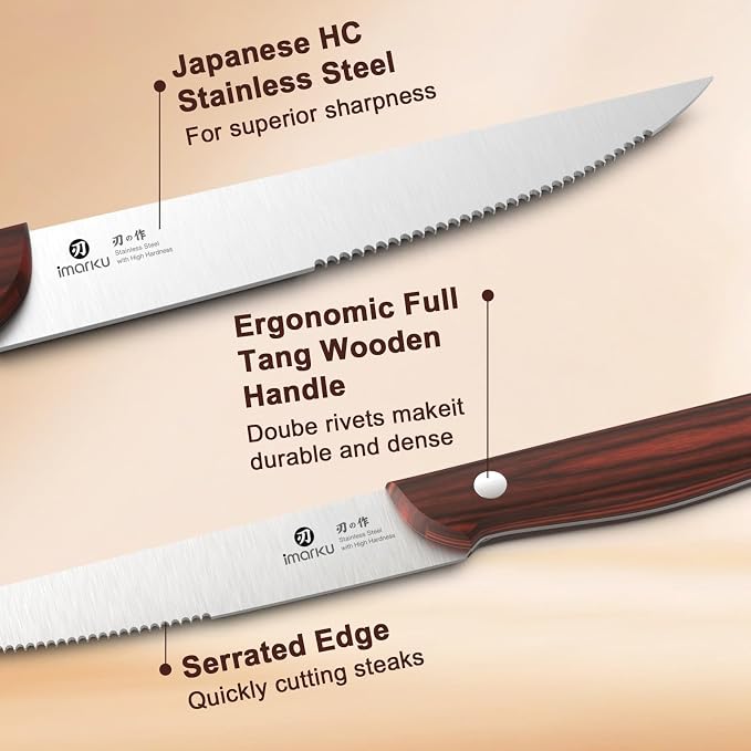 imarku Steak Knives Set of 6, 9-Inch Serrated Steak Knife Set, Japanese High Carbon Stainless Steel, Razor-Sharp Blades with Gift Box