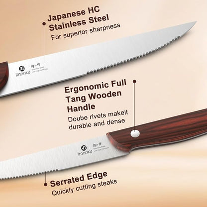 imarku Steak Knives Set of 6, 9-Inch Serrated Steak Knife Set, Japanese High Carbon Stainless Steel, Razor-Sharp Blades with Gift Box