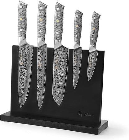 Wakoli Noir Blanc Damascus Knife Block Set – 5-Piece Professional Chef Knife Collection with Magnetic Block – Kitchen Knives made of 67-Layer Damascus Steel Blades & Ergonomic G10 Handles in Gift Box
