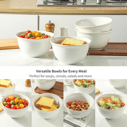 Soup Bowls,40 Ounce Deep Ceramic Bowl Sets for Cereal Soup Salad Pasta Popcorn Oatmeal Breakfast, Durable Serving BowlsSuit For Housewarming, Microwave Safe & Dishwasher Safe, Creamy White