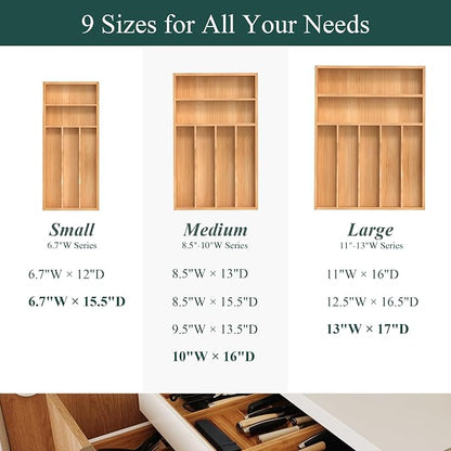 Silverware Organizer, Bamboo Kitchen Drawer Organizer, Utensil Holder, Cutlery Tray & Spoon Flatware Storage with Grooved Drawer Dividers (10''W x 16''D)